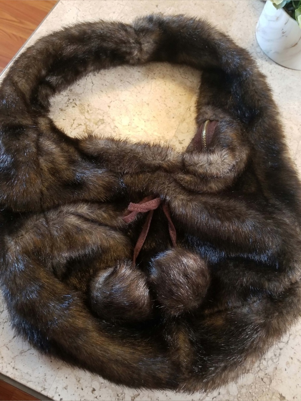 Bath & Body Works Brown Faux Fur Shoulder Bag with Pom Accents